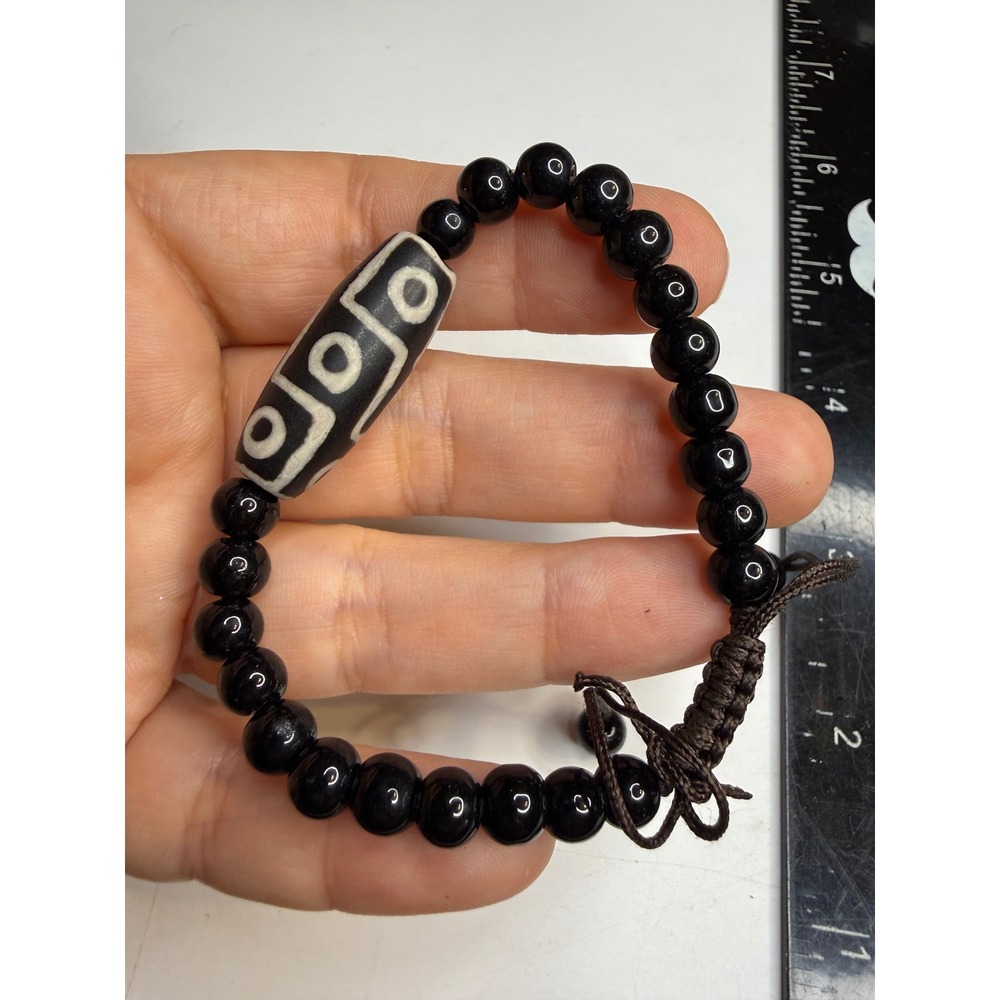 Tibetan 3-Eye Dzi Bead Adjustable Black Bead Bracelet Luck Prosperity Jewelry